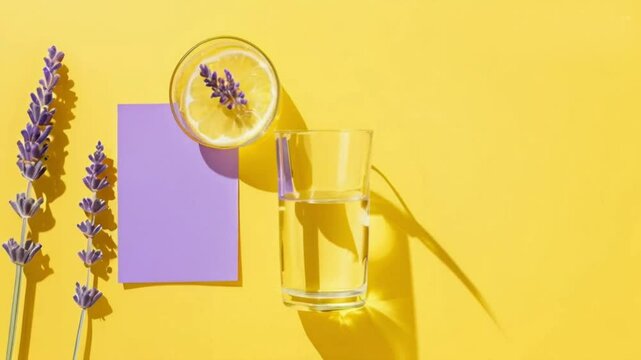 A Modern summer stationery still life. A glass of water with long shadow, lavender flower on yellow background. Blank business card mockup. Top view, flat lay High quality HD 4K video Clip