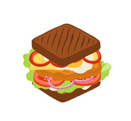 Sandwiches with Various Ingredients. Vector cartoon illustration of chicken sandwich, bagel, burger with meat, fish, avocado, egg, cheese and vegetables.