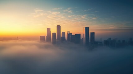 Fototapeta premium Serene Foggy Skyline Over City at Dawn