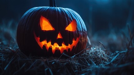 Fototapeta premium Spooky Jack-o'-Lantern Glowing in the Dark