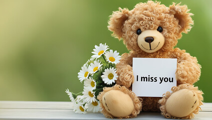 teddy bear with the message "I miss you" and flowers. I MISS YOU,  love, cute romance, couples card.,love background copy-space