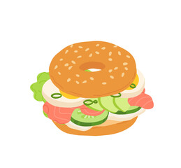 Sandwiches with Various Ingredients. Vector cartoon illustration of sandwich, salmon bagel, burger with meat, fish, avocado, egg, cheese and vegetables.