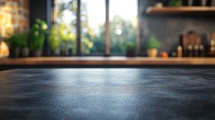 A modern kitchen scene with a focus on textured countertops and natural light from large windows, framed by greenery and warm wooden elements.