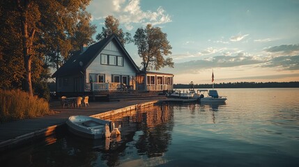Fototapeta premium Serene Lakefront House with Dock at Sunset
