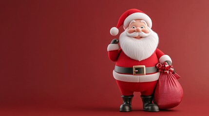 Obraz premium A cheerful Santa Claus stands with a sack of gifts against a red background, exuding holiday spirit and joy.