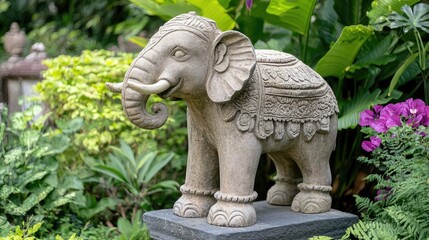 Stone Elephant Sculpture in Tropical Garden Setting