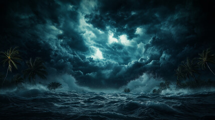 Hurricane-induced flooding, powerful winds, debris and destruction all around, dark storm clouds