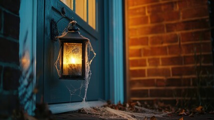 Cozy Lantern with Spider Web at Doorstep