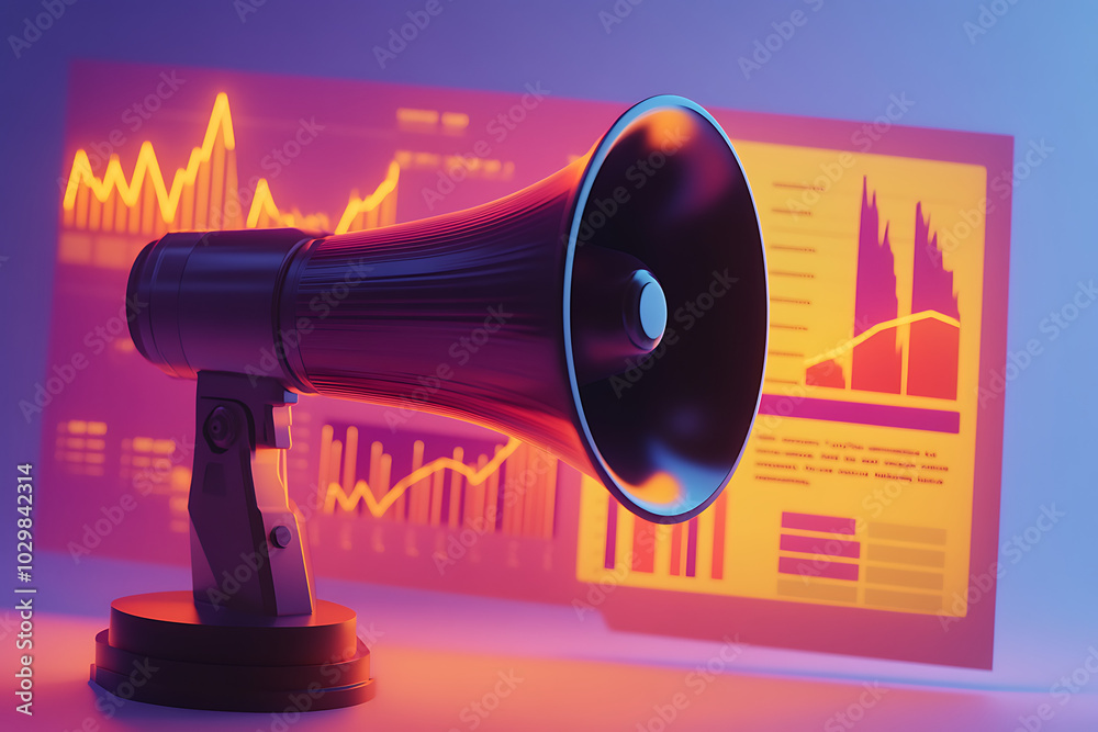 Poster a megaphone beside a digital display of data and graphs, symbolizing communication and analysis.