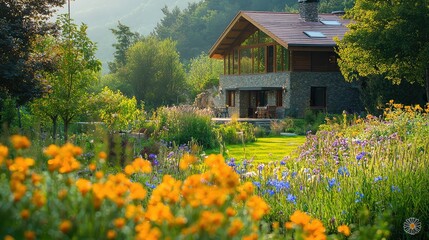 Obraz premium Serene Spring View of Mountain Villa