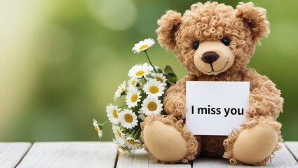 teddy bear with the message "I miss you" and flowers. I MISS YOU,  love, cute romance, couples card.,love background copy-space