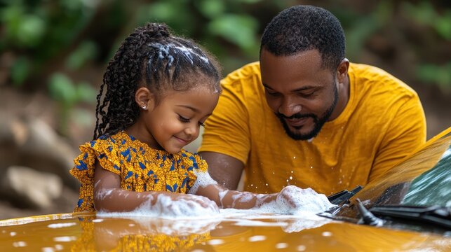 Joyful Moment Between Father and Daughter Washing Car