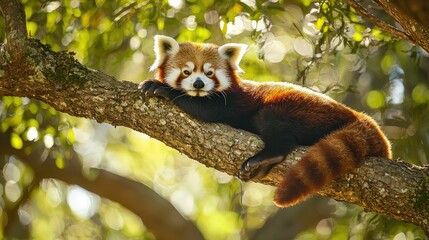 Fototapeta premium Serene Red Panda Resting on Tree Branch