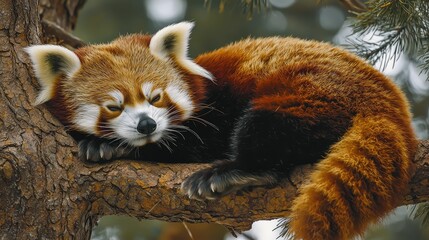 Fototapeta premium Serene Red Panda Resting on a Tree Branch