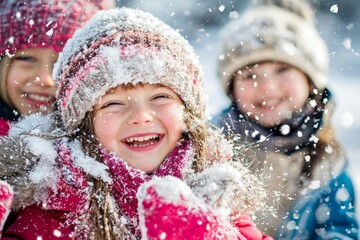 Three children, bundled in colorful winter wear, play gleefully in the snow as snowflakes flutter around, capturing the essence of pure joy and childhood delight on a wintry day.