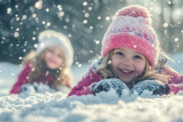 A cheerful child, warmly dressed in a pink hat and gloves, lies contentedly in the snow, smiling brightly as snowflakes gently fall around, epitomizing pure winter joy.