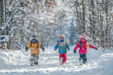 Three children, bundled in colorful winter clothing, wander joyfully through a snowy path, encapsulating the spirit of exploration and friendship on a serene, wintry dayscape.
