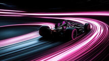 A black and pink light trail follows the F1 car as it travels in circles on a dark background