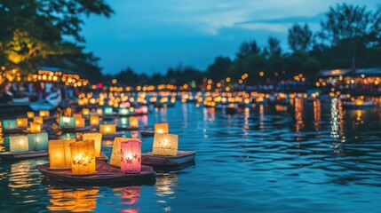 Obraz premium Colorful Lanterns Floating on Serene Water at Dusk