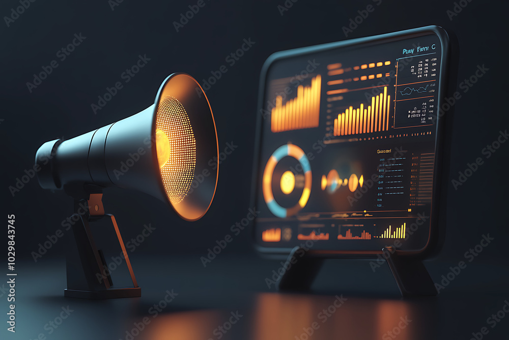 Poster a megaphone and a digital screen displaying sound data and analytics.