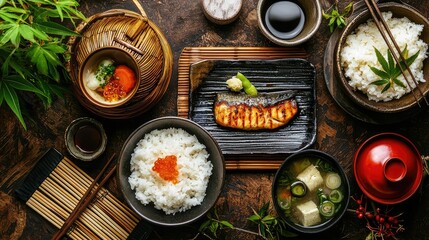 Traditional Japanese Breakfast on Wooden Table