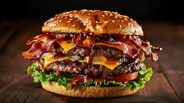 Juicy gourmet burger with double layers of crispy bacon, melted cheese, fresh lettuce, and a toasted sesame bun, photographed under warm natural light