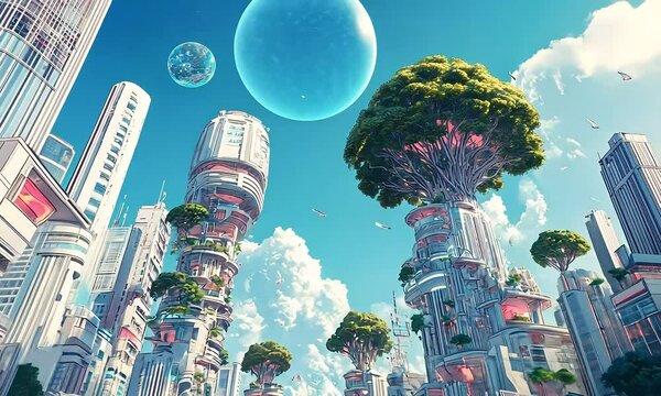 Futuristic city with giant trees and floating spheres illustration with ai generated.
