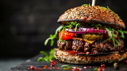 Open-faced burger with pickles and red onions, rustic presentation, 3D illustration