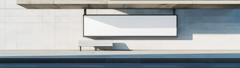 clean white billboard stands prominently at empty urban bus stop, showcasing minimalistic design and modern architecture. scene evokes sense of calm and simplicity