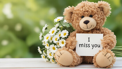 teddy bear with the message "I miss you" and flowers. I MISS YOU,  love, cute romance, couples card.,love background copy-space