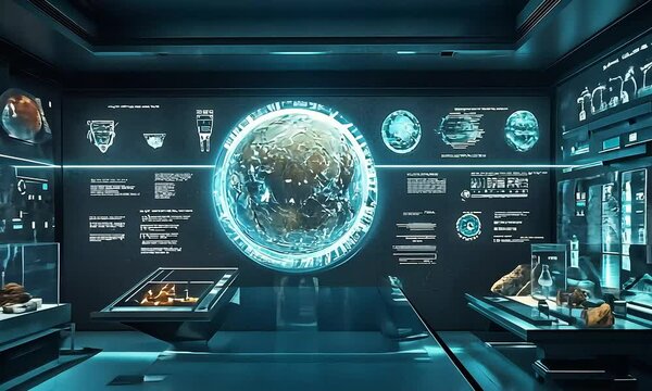 Futuristic museum with holographic displays with ai generated.
