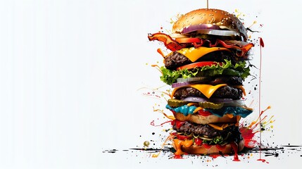 towering burger stack, multiple patties, exaggerated size, vibrant illustration, isolated on white background