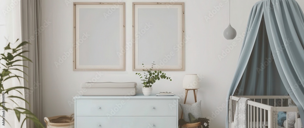 Wall mural modern, bright and airy nursery with a crib, a dresser, a houseplant and two empty picture frames fo