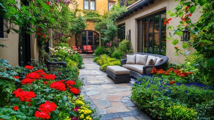 Beautifully Landscaped Courtyard with Vibrant Flowers