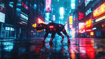 A robotic dog stands in a futuristic cityscape, illuminated by neon lights and rain-slicked streets.