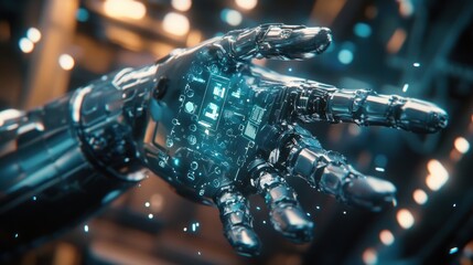 Close-up of a robotic hand with glowing circuits and gears.