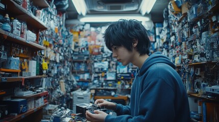 Obraz premium Teenager Fixing Electronics in Workshop Setting