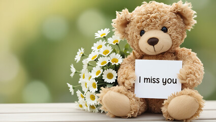 teddy bear with the message "I miss you" and flowers. I MISS YOU,  love, cute romance, couples card.,love background copy-space