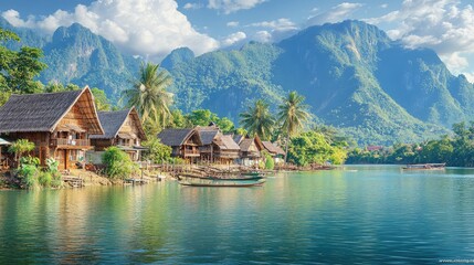 Fototapeta premium Serene Lakeside Village Surrounded by Majestic Mountains