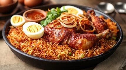 Fototapeta premium Delicious Chicken Biryani with Eggs and Herbs