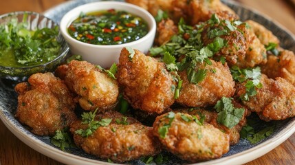 Crispy Fried Snacks with Dipping Sauce and Herbs