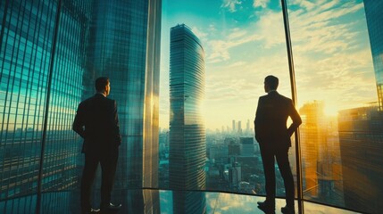 Fototapeta premium Corporate property managers in a high-rise office building, overseeing property leases and management duties.