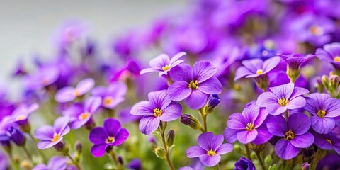 Tilted angle Aubrieta small purple flowers on a light background