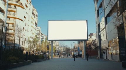 Obraz premium large white billboard stands prominently on pedestrian street, surrounded by modern buildings and greenery, creating serene urban atmosphere