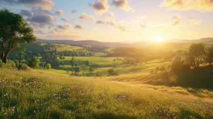 Fototapeta premium A serene sunset casts warm light over rolling hills, lush farmland, and trees, peaceful countryside scene with soft clouds in the sky