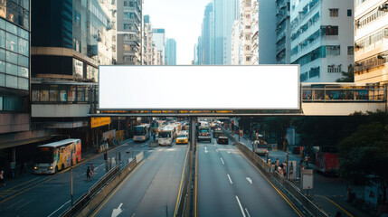 pedestrian bridge with blank billboard spans busy urban street filled with vehicles in bustling...