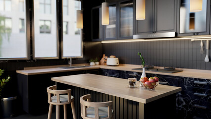 The interior design of a modern, luxurious kitchen in a sleek black style.