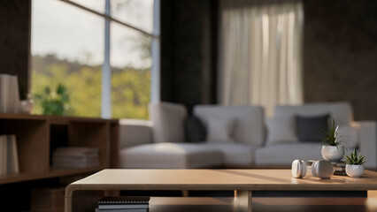 A close-up of a wooden coffee table in a comfortable contemporary living room.