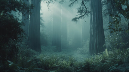 Obraz premium A dense redwood forest shrouded in mist, with towering ancient trees disappearing into the fog above. v3