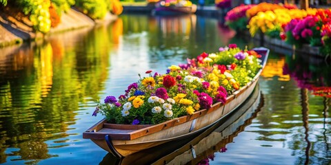 Obraz premium Tilted angle boat on the river with colorful flowers floating on the water